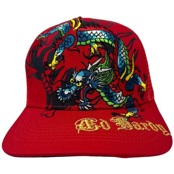 Ed Hardy Trucker Hat Embroidered Tattoo Dragon Red Mesh Snapback Cap